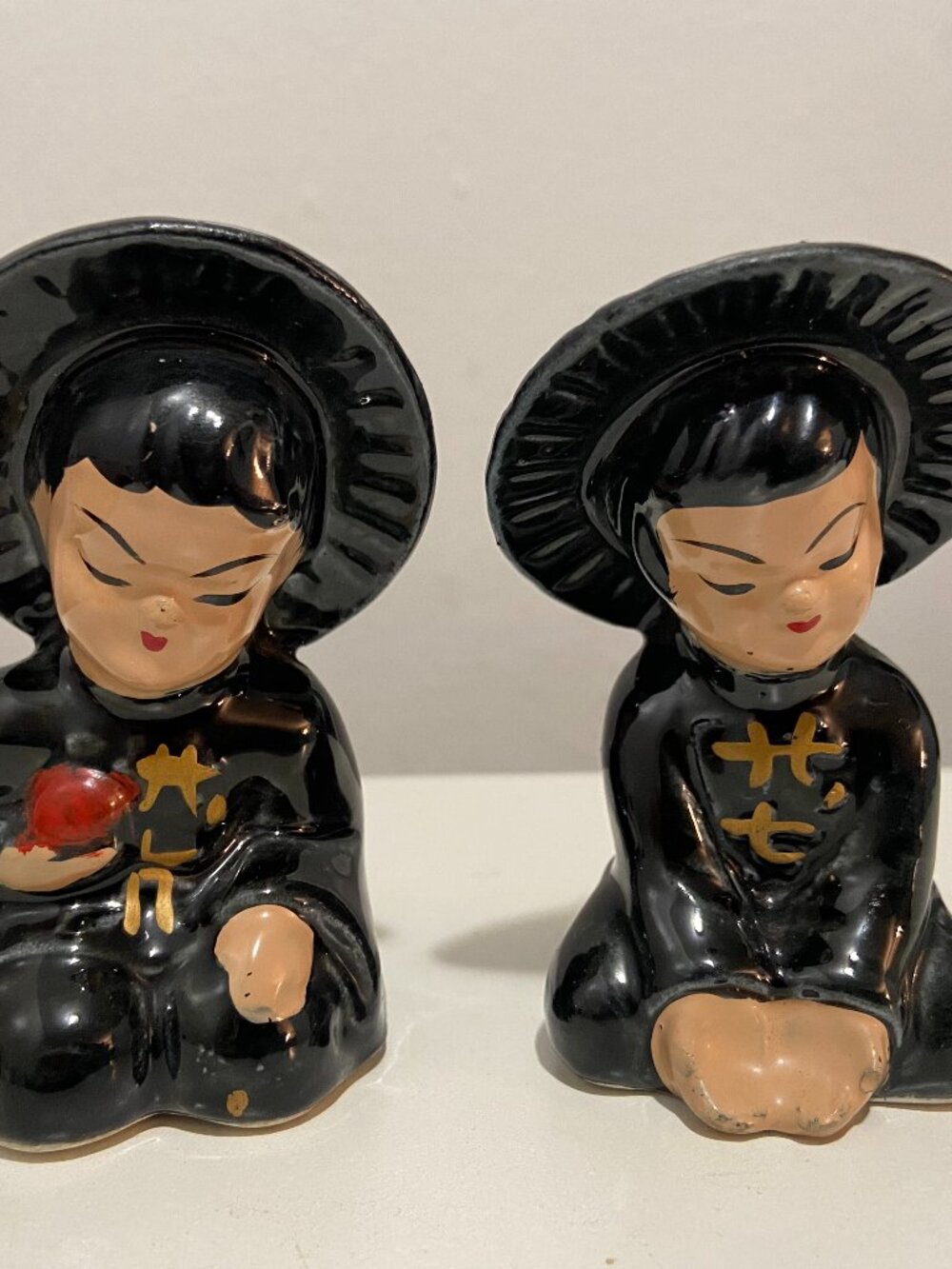 Antique Japan Boy & Girl Salt & Pepper Shakers Glazed MCM Vintage Set Japanese